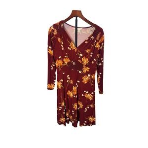 Miss Selfridge Floral Fit & Flare Dress Burgundy Red V-Neck 3/4 Sleeve US 12